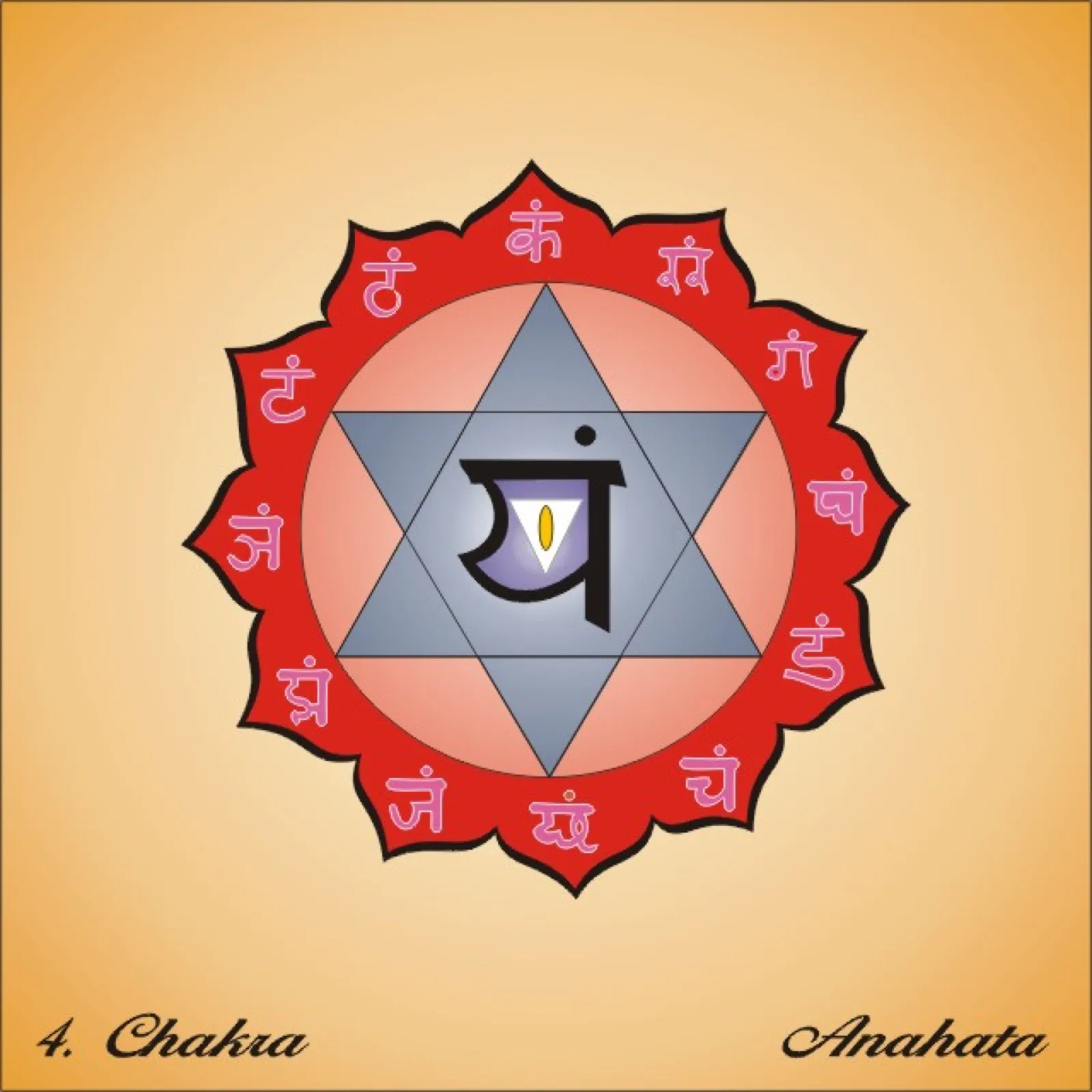 Grafik des vierten Chakras: rote Lotosblüte mit zwölf Blättern, auf denen rosafarbene Devanagari-Silben stehen, darin ein hellroter Kreis mit blaugrauem Sechsstern und der Silbe „yaṃ“ im Zentrum, auf orange-beigem Hintergrund.