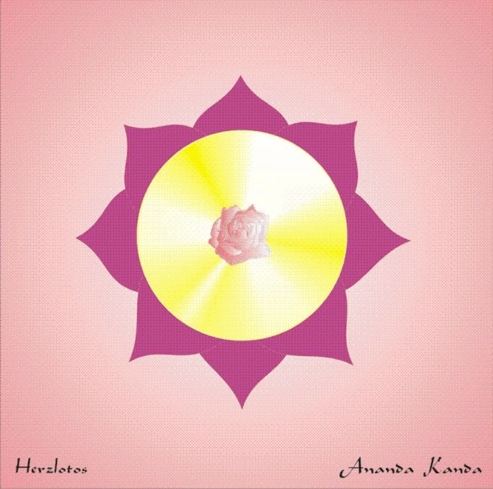 Grafik auf rosa Grund: Eine achtblättrige magentafarbene Lotusblüte umschließt einen gelb-weiß schimmernden Kreis mit einer rosa Rose in der Mitte; unten die Beschriftungen „Herzlotos“ und „Ananda Kanda“.