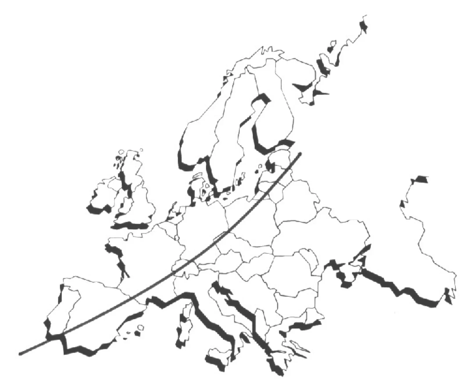 Schwarz-weiße Umrisskarte Europas mit Ländergrenzen, über die eine geschwungene Linie von der Iberischen Halbinsel über Frankreich, die Schweiz und Mitteleuropa bis in den Baltikumraum verläuft.
