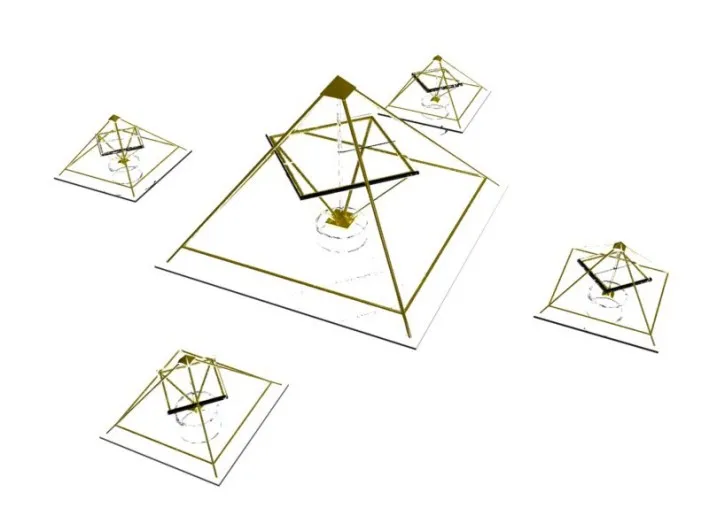Fünf goldene Horus-Energiepyramiden sternförmig um eine zentrale, größere Pyramide angeordnet (3D-Darstellung)