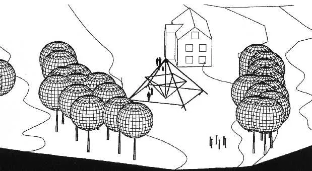 Schwarz-weiße Zeichnung der 9-Meter-Pyramidenanlage mit kugelförmigen Bäumen, einem Haus und Figuren