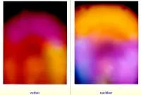 Zwei Aura-Fotos im Vergleich, „vorher" und „nachher": links überwiegend Pink- und Orangetöne um eine Kopf-Silhouette, rechts ein größeres, helleres Feld mit Violett, Blau und Orange.