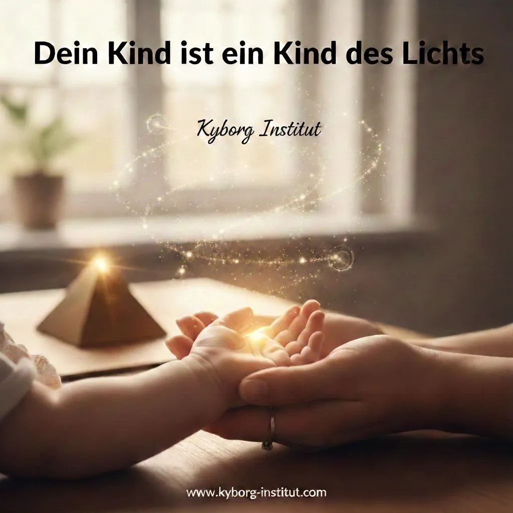 Titelbild „Dein Kind ist ein Kind des Lichts" (Kyborg Institut): die Hände eines Erwachsenen und eines Kindes über einer kleinen goldenen Pyramide mit leuchtenden Funken.