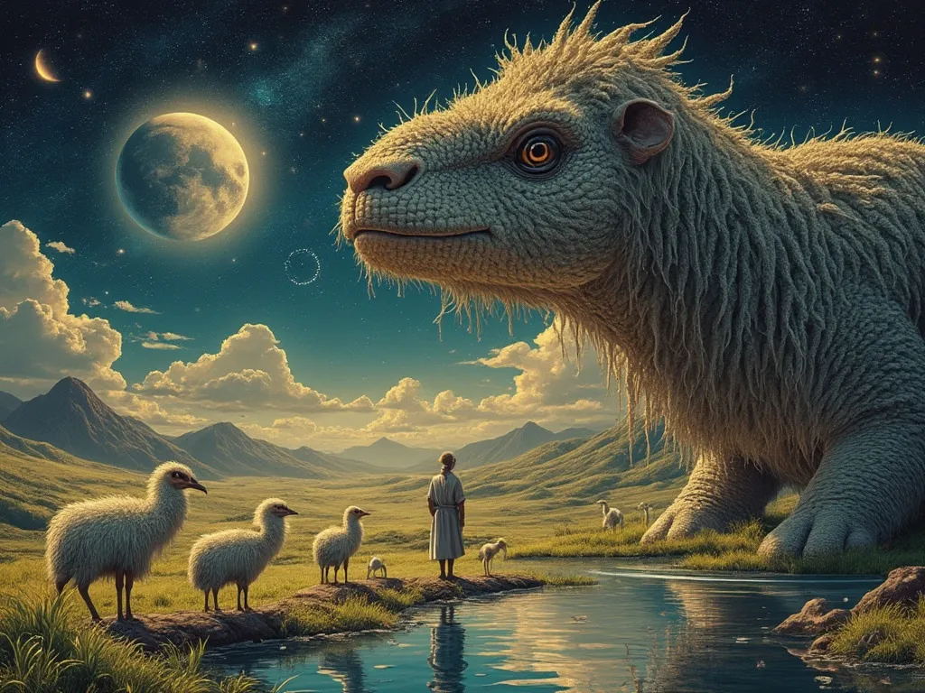 KI-generierte Illustration: ein riesiges, zotteliges Wesen betrachtet eine kleine menschliche Gestalt und vogelartige Tiere an einem Bach; am Himmel zwei Monde.