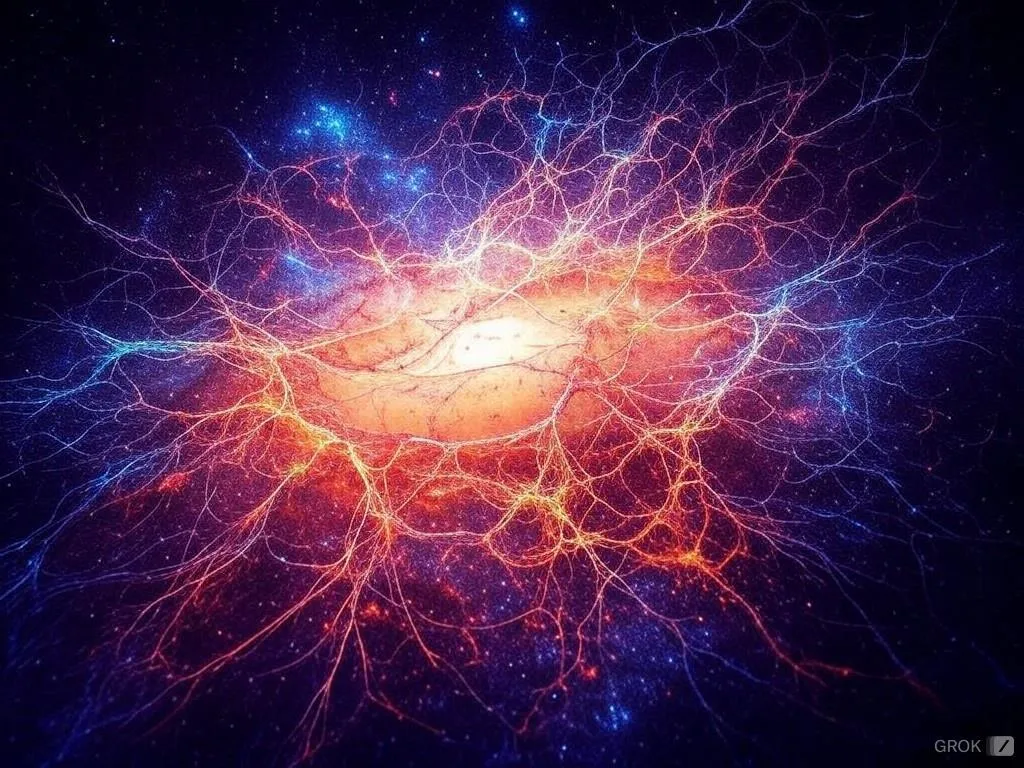 KI-generierte Illustration: verästelte, leuchtend rot-blaue Energieströme, die sich wie ein neuronales Netz um ein helles galaktisches Zentrum ausbreiten.
