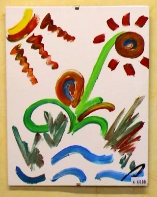 Gemälde „Blume des Lebens": eine stilisierte Blume mit Sonne, Zickzacklinien und blauen Wellen auf weißem Grund
