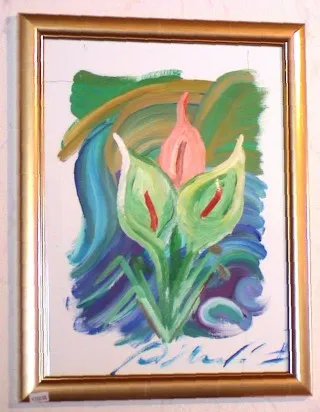 Gemälde „Callah": stilisierte Calla-Blüten in Grün und Rosa auf blau-grünem Grund, goldener Rahmen