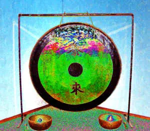 Gemälde „Gong farbig": ein großer runder Gong auf einem Ständer mit chinesischen Schriftzeichen, davor zwei Klangschalen