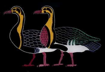 Gemälde „Nilgänse": zwei ägyptisch stilisierte Gänse im Profil mit bunten Flügeln auf schwarzem Grund