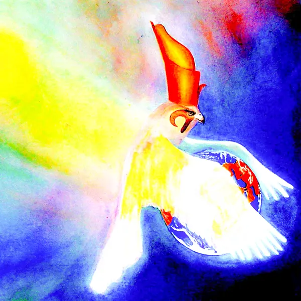 Gemälde der Lichtwesenheit Horus als weiß-goldener Falke mit ausgebreiteten Schwingen über der Erdkugel, umgeben von leuchtenden Farbstrahlen in Blau, Gelb und Rot.