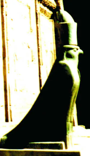 Steinstatue des falkenköpfigen Gottes Horus mit Doppelkrone im Profil, vor einer Hieroglyphenwand in einem ägyptischen Tempel