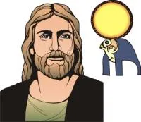 Illustration: links das Gesicht von Jesus mit langem Haar und Bart, rechts eine ägyptisch anmutende Figur (Horus), die eine goldene Sonnenscheibe emporhält.