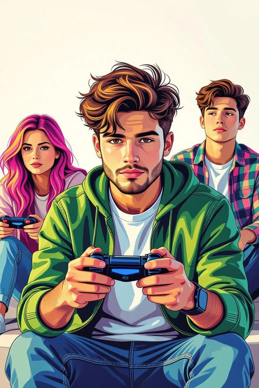 Stilisierte Illustration: drei junge Erwachsene mit Gamepads; im Zentrum ein junger Mann in grünem Kapuzenpulli, links eine Frau mit pinkfarbenen Haaren, rechts ein weiterer junger Mann.