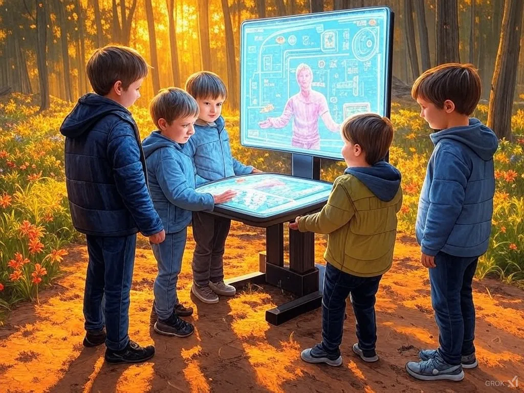 KI-generierte Illustration: mehrere Kinder stehen im herbstlichen Wald um einen futuristischen, holografischen Bildschirm, auf dem eine KI-Figur erscheint.