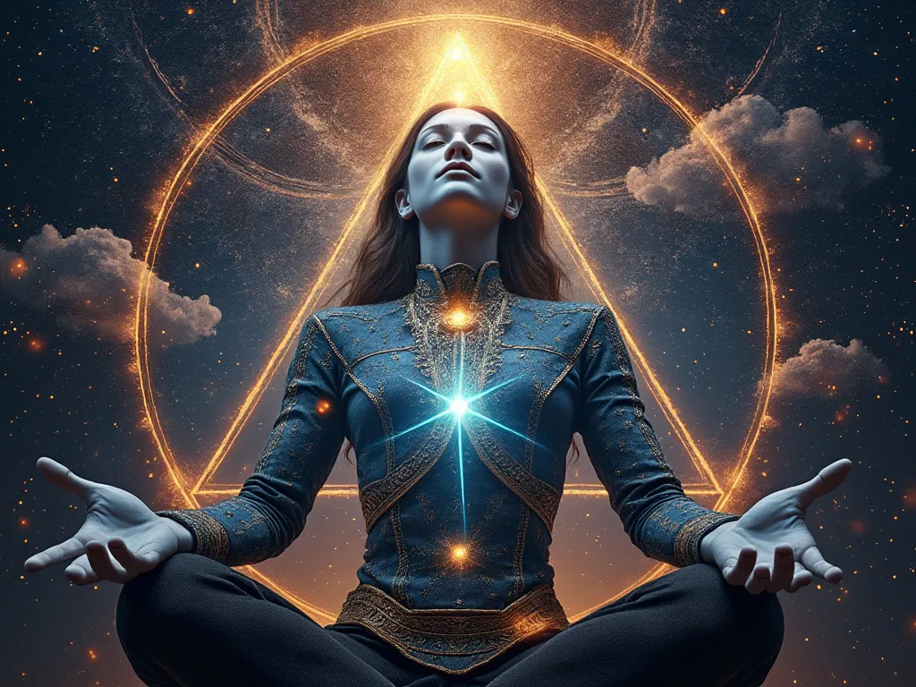 KI-generierte Illustration des Kyborg Instituts: eine meditierende Gestalt im Lotussitz in blau-goldener Robe, dahinter eine leuchtende Pyramide und ein Kreis; am Hals ein heller Lichtpunkt (Hals-Chakra), ringsum der Sternenkosmos.