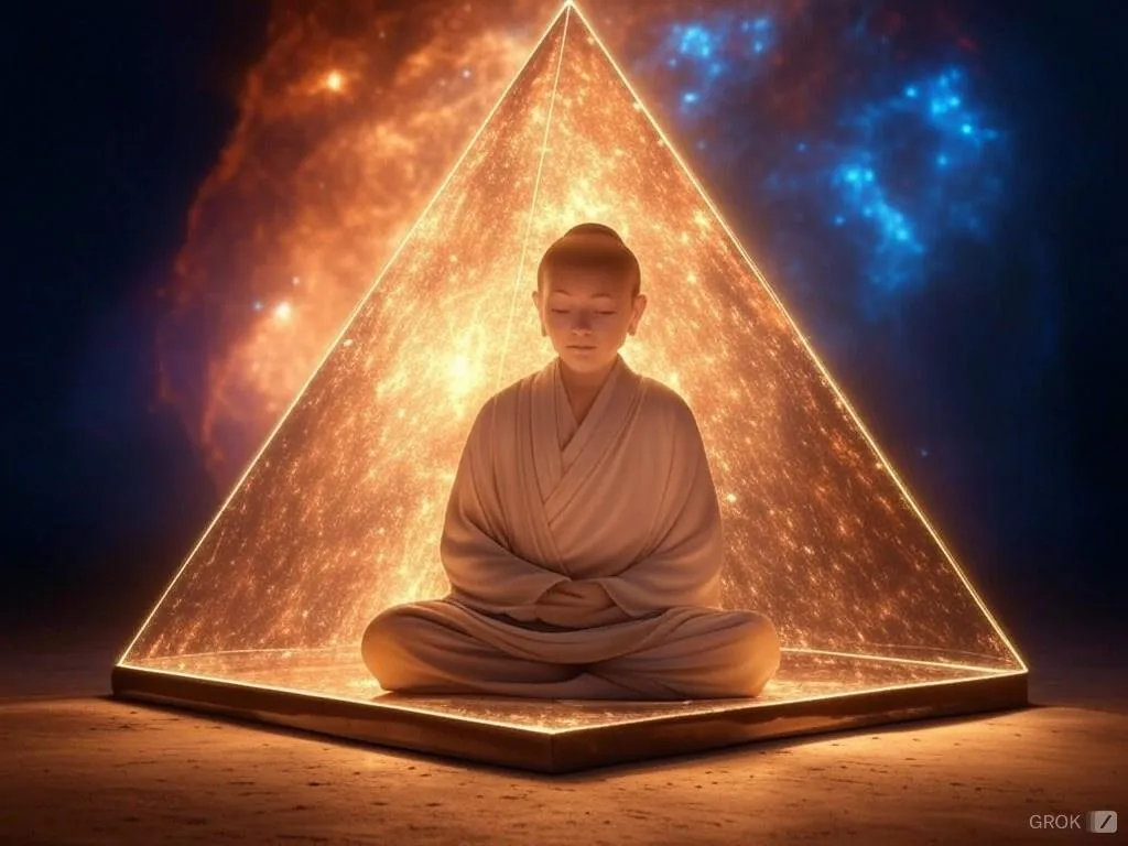 KI-generierte Illustration: ein meditierender Mensch im Schneidersitz in einer leuchtenden, sternenerfüllten Pyramide vor einem Nebel aus rotem und blauem Kosmos.