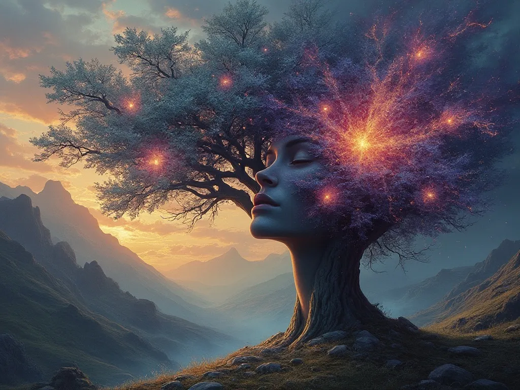 KI-generierte Illustration: ein Baum, dessen Stamm und Krone zu einem menschlichen Gesicht im Profil verschmelzen, mit leuchtend kosmischem Blattwerk über einem Bergtal im Abendlicht.