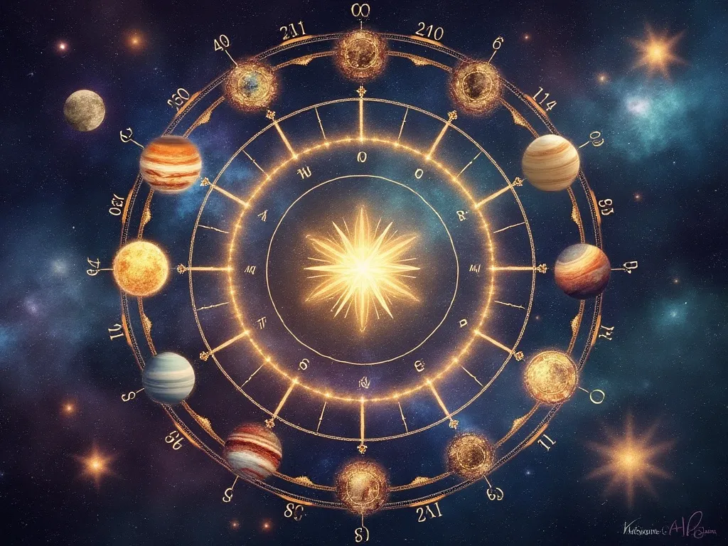 KI-generierte Illustration: ein kosmisches Horoskop- und Zahlenrad mit Planeten im Kreis, Tierkreis- und Zahlensymbolen und einem leuchtenden Stern im Zentrum vor Sternenhimmel.