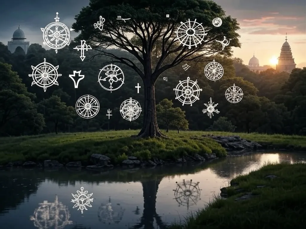 KI-generierte Illustration: ein Baum auf einer Insel in einem Teich, umgeben von schwebenden weißen Symbolen verschiedener Religionen (u. a. Dharma-Rad und Kreuz); im Hintergrund Tempel und Kuppeln im Abendlicht.