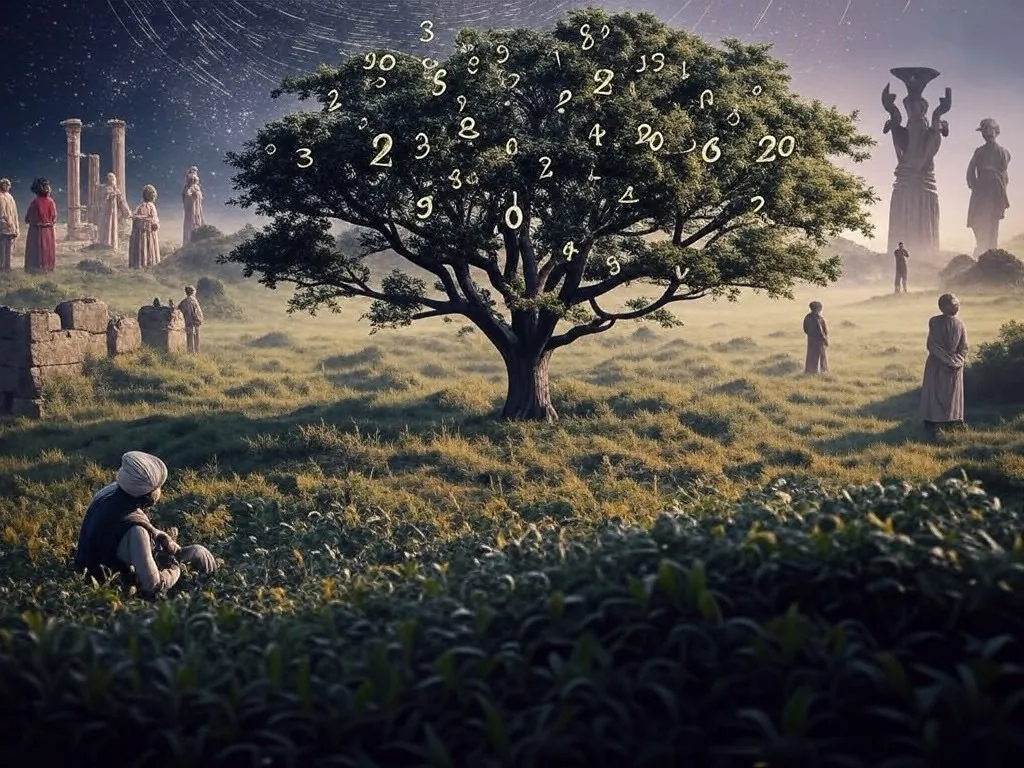 KI-generierte Illustration: ein Baum auf einer Wiese, in dessen Krone leuchtende Zahlen schweben; ringsum Menschen in Gewändern, antike Ruinen und Statuen unter Sternenhimmel.