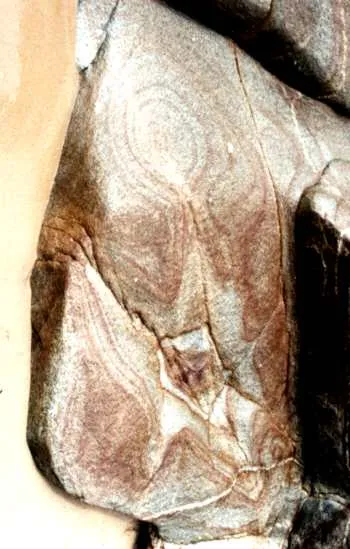 Nahaufnahme eines Sandsteins mit geschwungener, wirbelförmiger Maserung in Rot-, Beige- und Grautönen, in der sich figürliche Formen erahnen lassen.